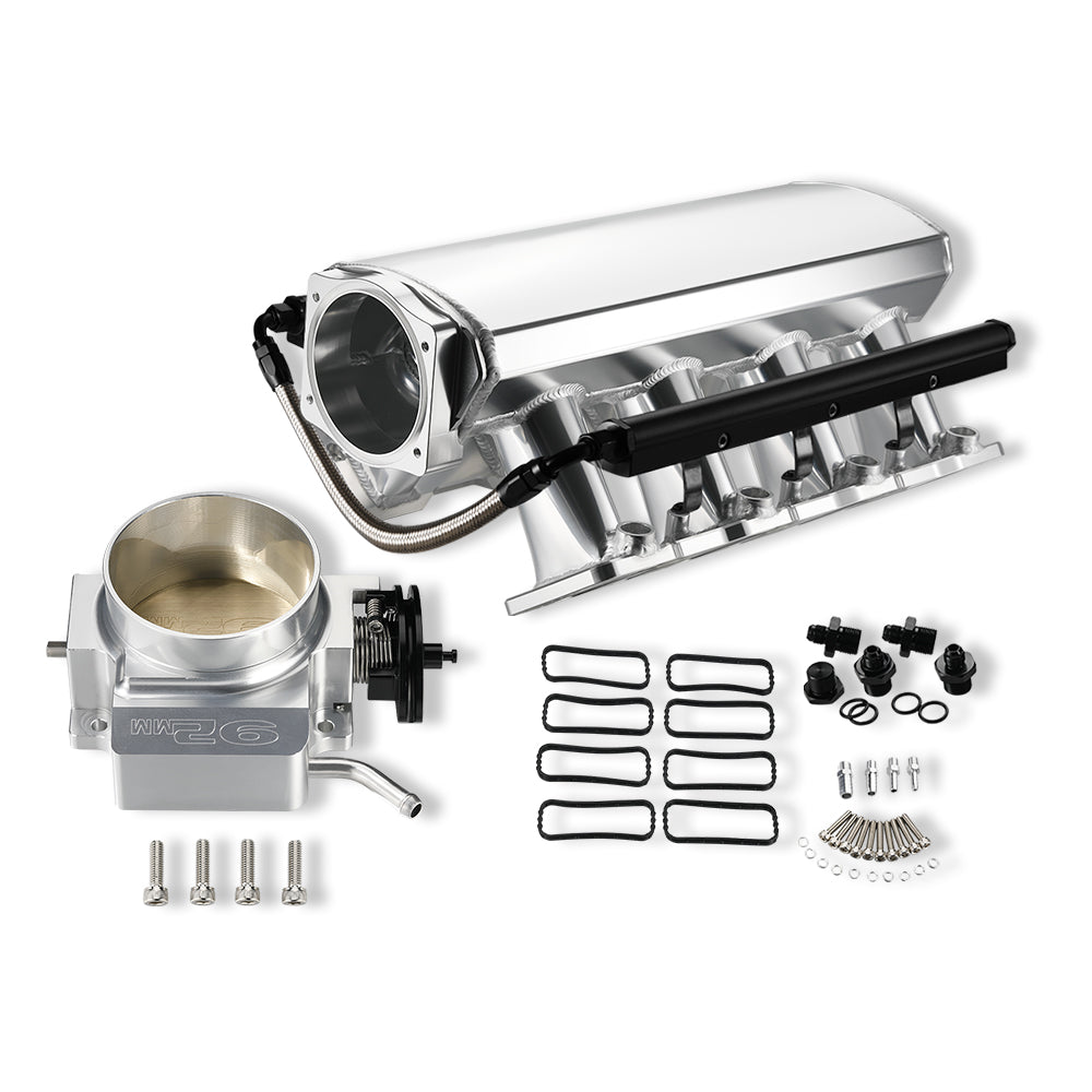 102mm Fabricated Intake Manifold High Profile Throttle Body 92mm for Cathedral Port LS1/LS2/LS6 Heads Silver with MAP Sensor Port Fuel Rails