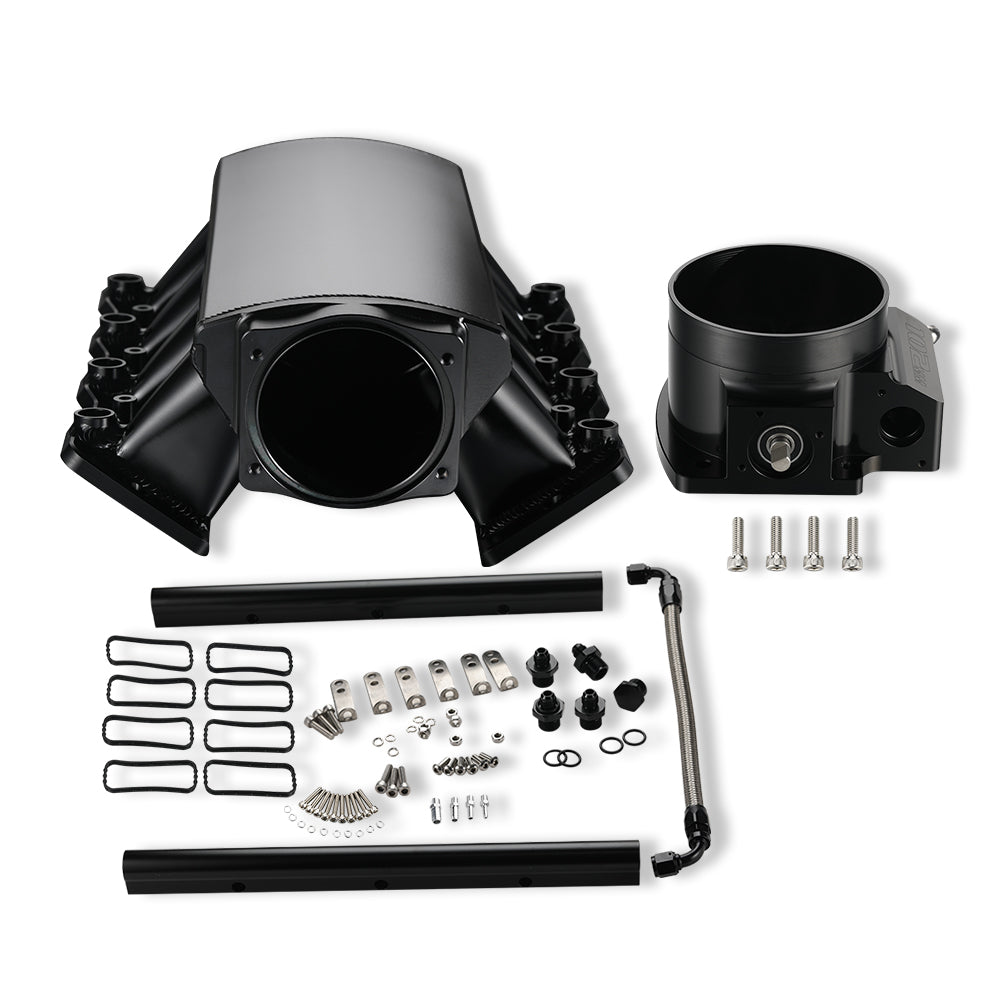 Fabricated Intake Manifold Low Profile Throttle Body 102mm for Cathedral Port LS1/LS2/LS6 Heads Black with MAP Sensor Port Fuel Rails