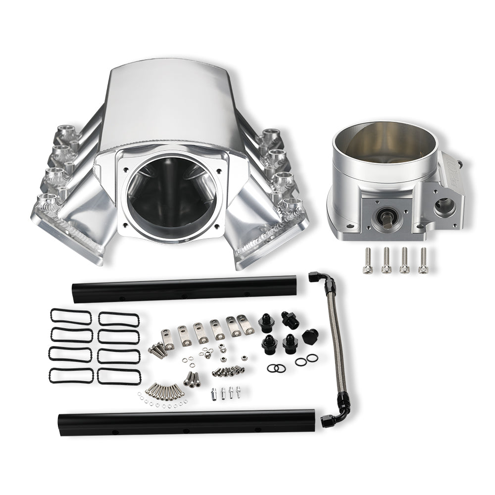 Fabricated Intake Manifold Low Profile Throttle Body 102mm for Cathedral Port LS1/LS2/LS6 Heads Silver with MAP Sensor Port Fuel Rails