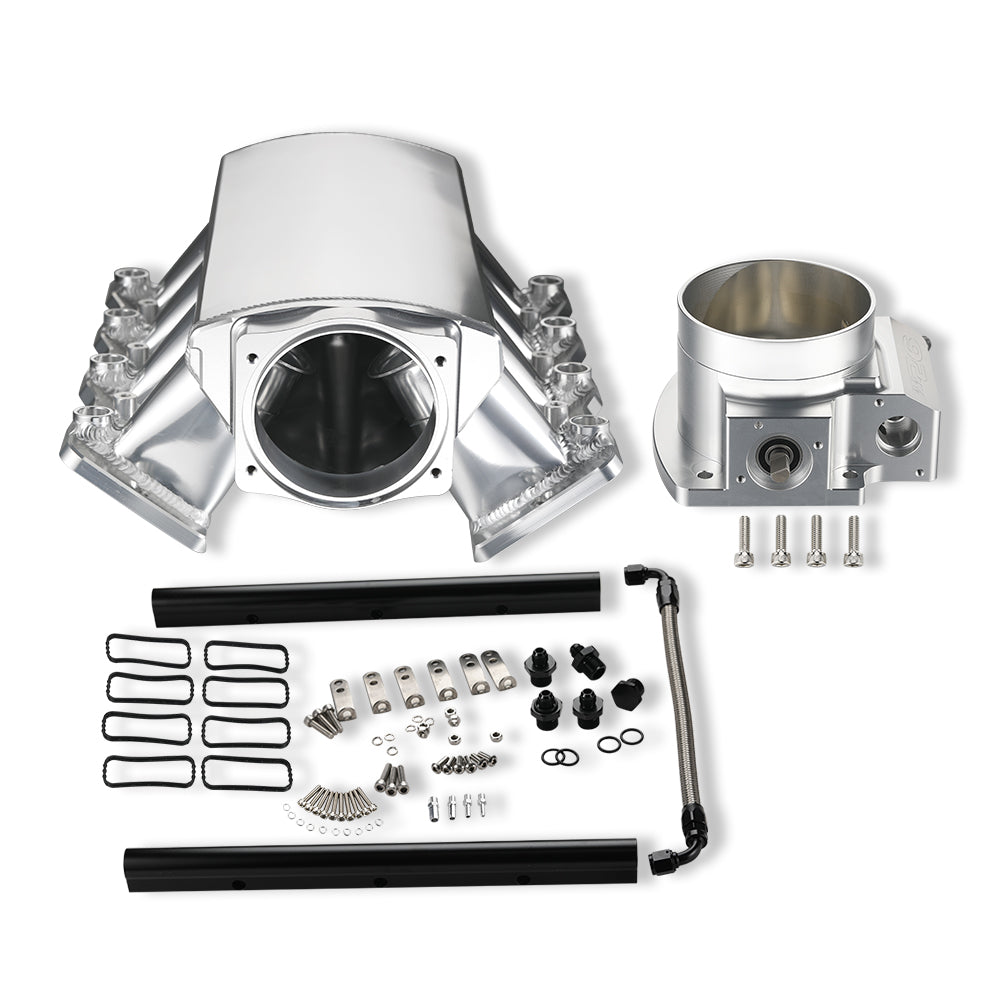 102mm Fabricated Intake Manifold Low Profile Throttle Body 92mm for Cathedral Port LS1/LS2/LS6 Heads Silver with MAP Sensor Port Fuel Rails