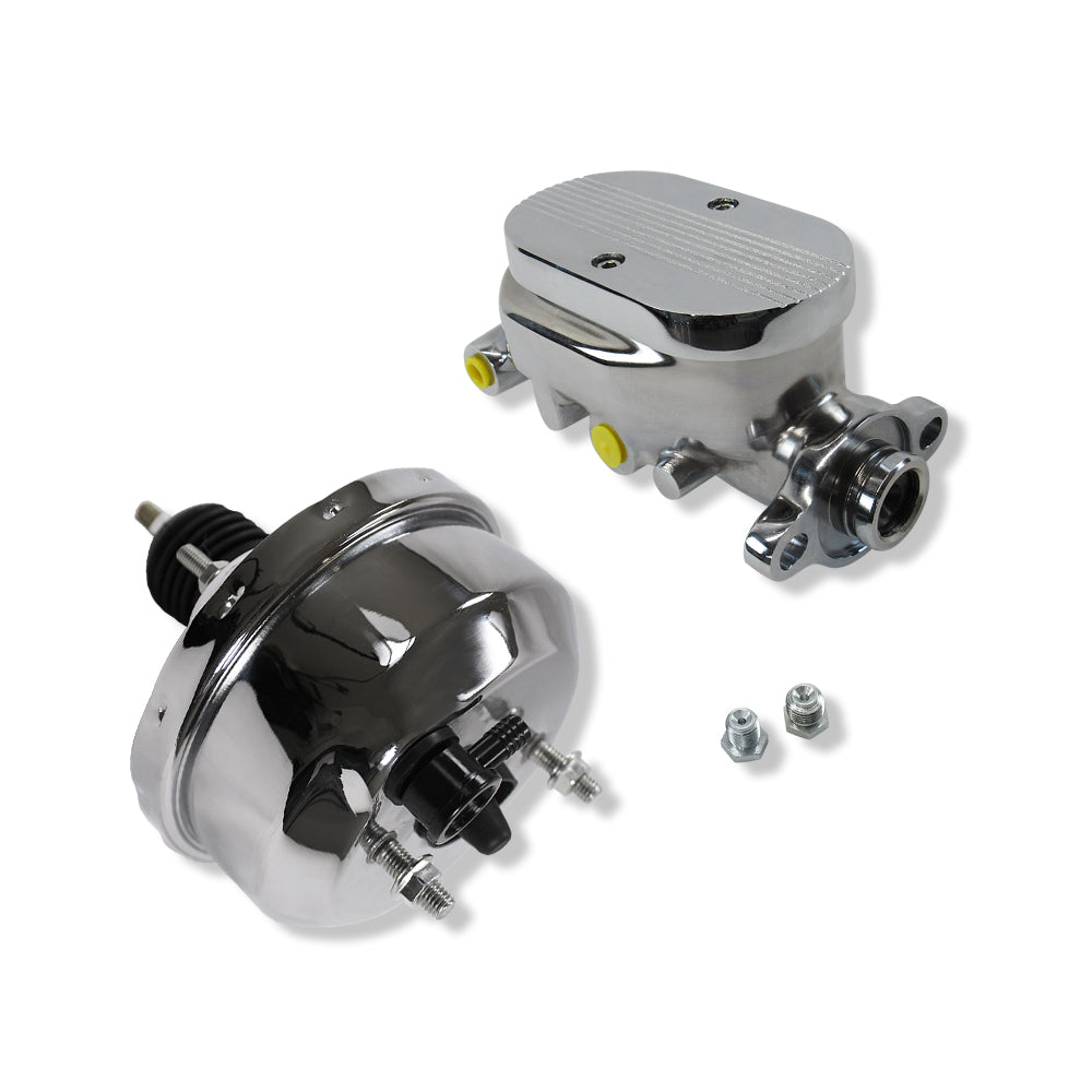 GM Chrome 7" Single Diaphragm Power Brake Booster w/ Finned Top Master Cylinder 3/8" Ports Dual