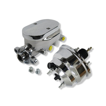 Universal 8" Dual Power Brake Booster w/ Master Cylinder Finned Top 3/8" Ports Chrome