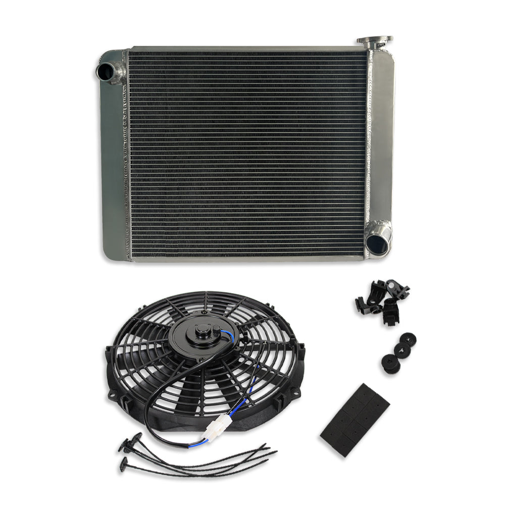 Fabricated Polished Aluminum Radiator & 12" Electric Radiator Cooling fan Straight Blade Black