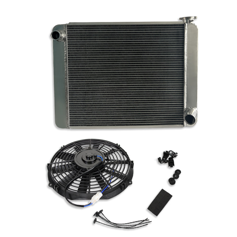 Fabricated Polished Aluminum Radiator & 12" Electric Radiator Cooling fan Straight Blade Black