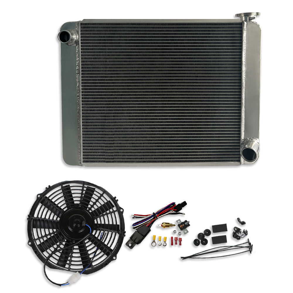 25" x 19" x 3" Fabricated Polished Aluminum Radiator & 10'' Electric Cooling fan Straight Blade & Thermostat Switch Relay Kit