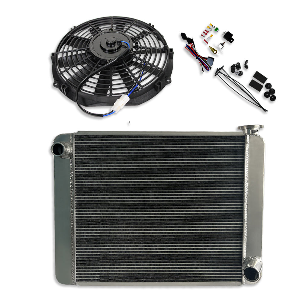 Fabricated Polished Aluminum Radiator & 12" Electric Radiator Cooling fan Straight Blade Black & Thermostat Switch Relay Kit