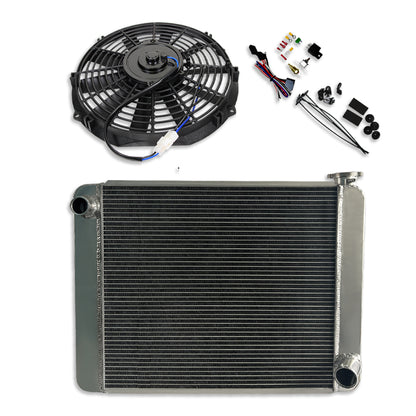 25" x 19" x 3" Fabricated Polished Aluminum Radiator & 10'' Electric Cooling fan Straight Blade & Thermostat Switch Relay Kit