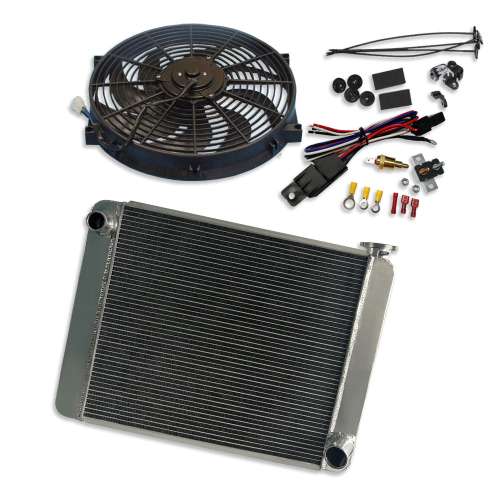 Fabricated Polished Aluminum Radiator 25" x 19" x 3" For SBC BBC & 14 Inch Electric Fan & Thermostat Switch Relay Kit
