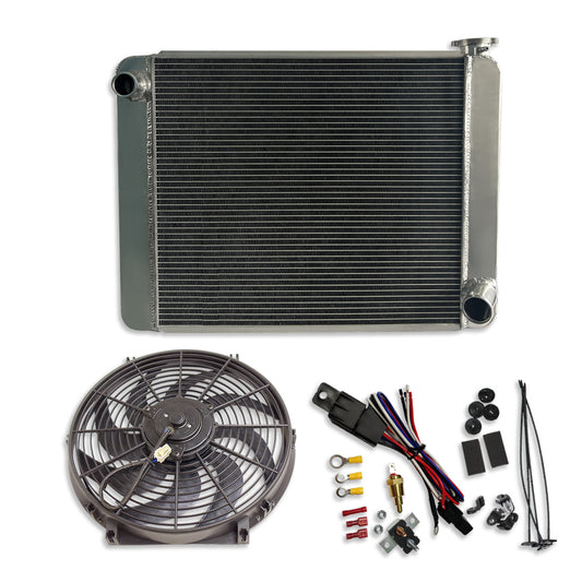 Fabricated Polished Aluminum Radiator 25" x 19" x 3" For SBC BBC & 14 Inch Electric Fan & Thermostat Switch Relay Kit