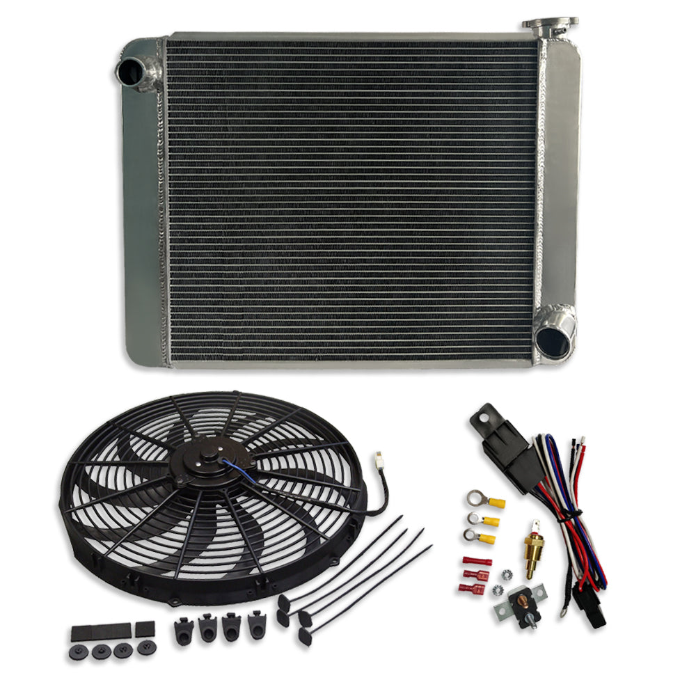 Fabricated Polished Aluminum Radiator 25" x 19" x 3" For SBC BBC & 16" Electric Fan & Thermostat Switch Relay Kit