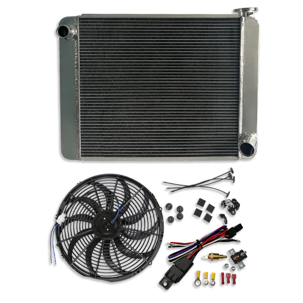 Fabricated Polished Aluminum Radiator 25" x 19" x 3" For SBC BBC & 16" Electric Fan & Thermostat Switch Relay Kit