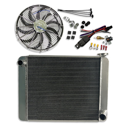 Fabricated Polished Aluminum Radiator 25" x 19" x 3" For SBC BBC & 16" Electric Fan Chrome & Thermostat Switch Relay Kit