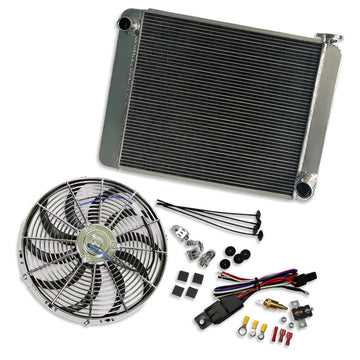 Fabricated Polished Aluminum Radiator 25" x 19" x 3" For SBC BBC & 16" Electric Fan Chrome & Thermostat Switch Relay Kit