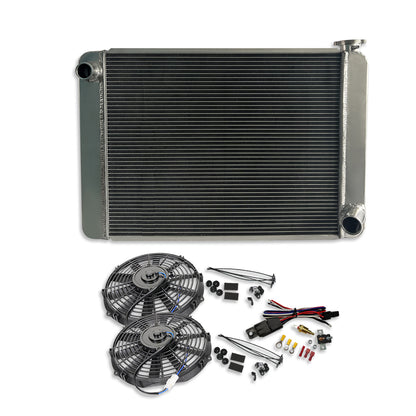 Fabricated Polished Aluminum Radiator 29" x 19" x3" Overall & 2pcs 10" Electric Motor Cooling Fan & Thermostat Switch Relay Kit