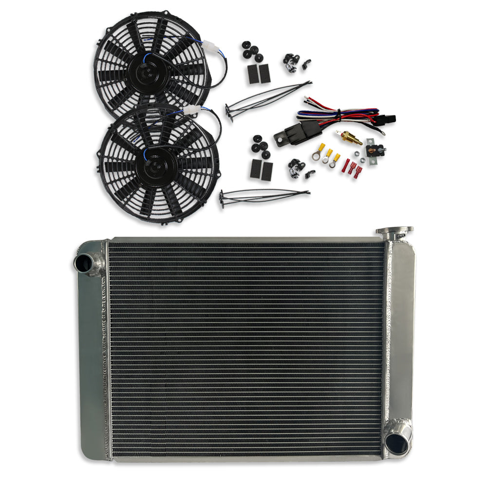 Fabricated Polished Aluminum Radiator 29" x 19" x3" Overall & 2pcs 10" Electric Motor Cooling Fan & Thermostat Switch Relay Kit