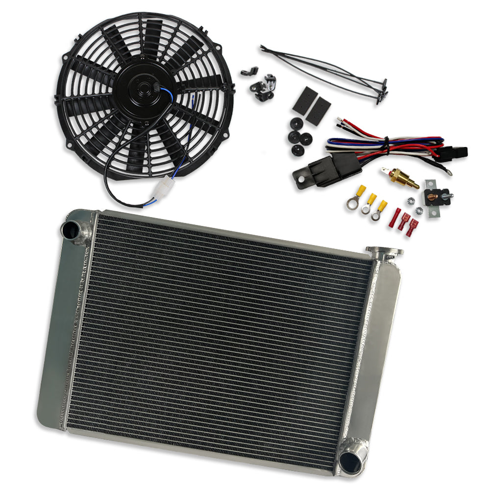 Fabricated Polished Aluminum Radiator 29" x 19" x3" Overall & 12" Pull/Push 12v Silm Electric Motor Cooling Fan & Thermostat Switch Relay Kit