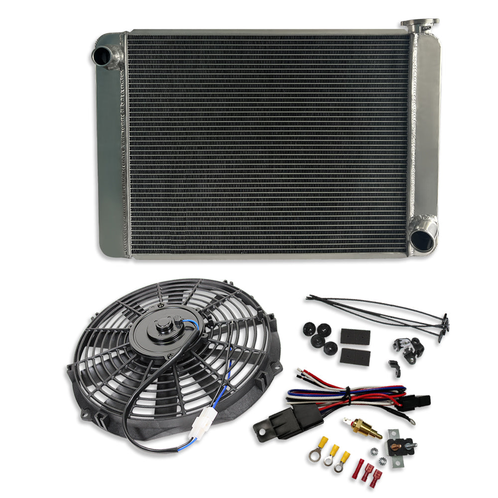 Fabricated Polished Aluminum Radiator 29" x 19" x3" Overall & 12" Pull/Push 12v Silm Electric Motor Cooling Fan & Thermostat Switch Relay Kit