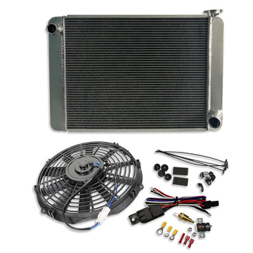 Fabricated Polished Aluminum Radiator 29" x 19" x3" Overall & 12" Pull/Push 12v Silm Electric Motor Cooling Fan & Thermostat Switch Relay Kit