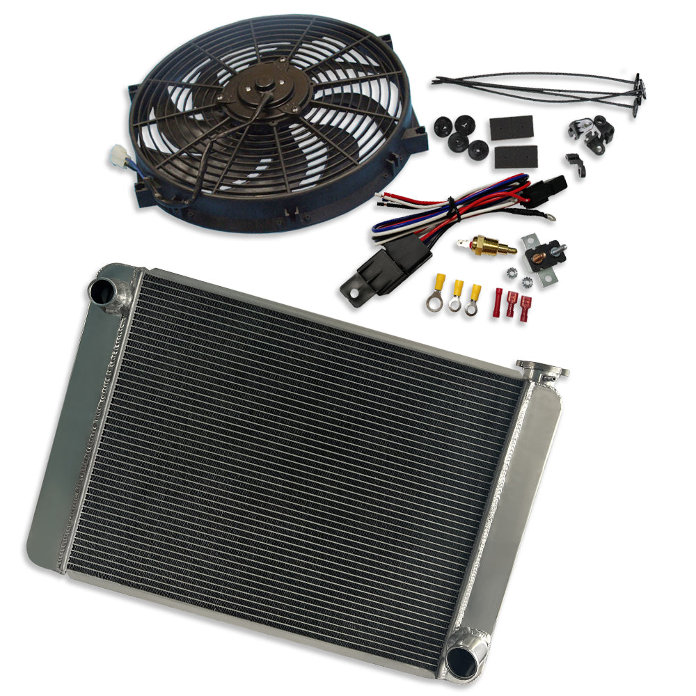 Fabricated Polished Aluminum Radiator 29" x 19" x3" Overall For SBC BBC & 14" Heavy Duty Radiator Electric Fan & Thermostat Switch Relay Kit