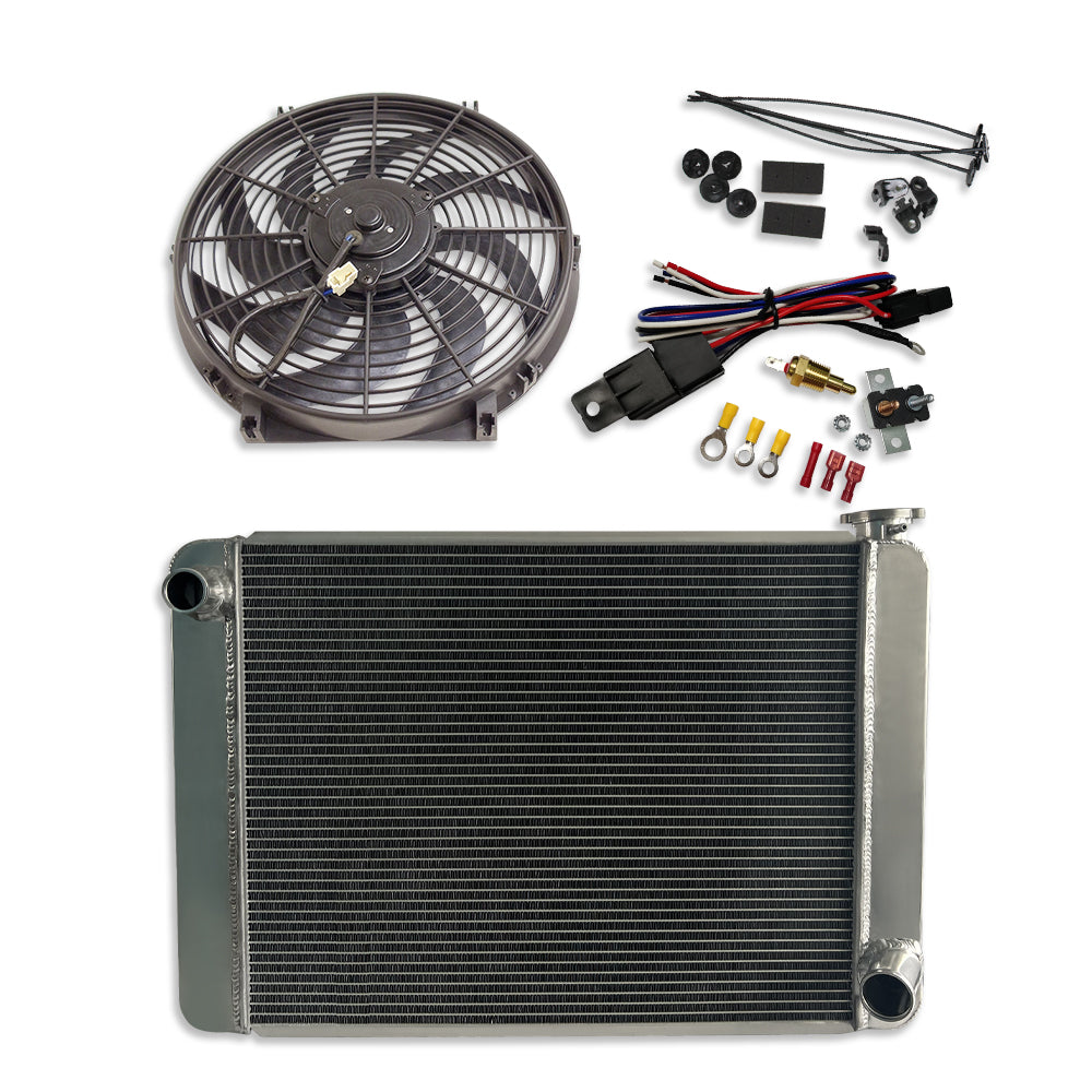 Fabricated Polished Aluminum Radiator 29" x 19" x3" Overall For SBC BBC & 14" Heavy Duty Radiator Electric Fan & Thermostat Switch Relay Kit