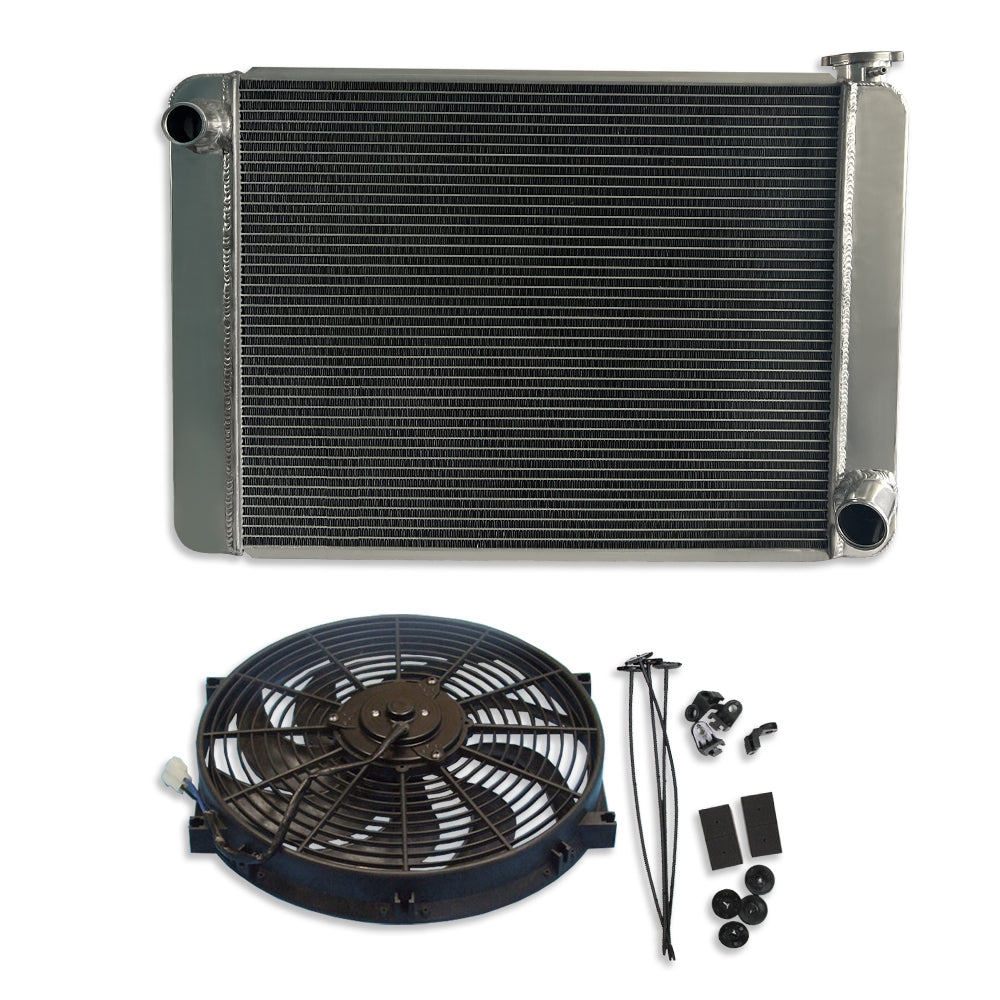 Fabricated Polished Aluminum Radiator 29" x 19" x3" Overall For SBC BBC & 14" Heavy Duty Radiator Electric Fan