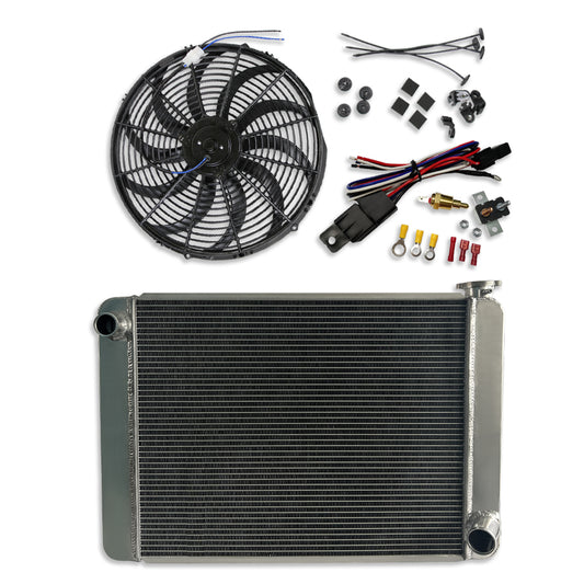 Fabricated Polished Aluminum Radiator 29" x 19" x 3" Overall For SBC BBC & 16" Curved S Blade Radiator Cooling Fan & Thermostat Switch Relay Kit