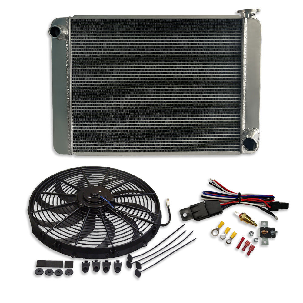 Fabricated Polished Aluminum Radiator 29" x 19" x 3" Overall For SBC BBC & 16" Curved S Blade Radiator Cooling Fan & Thermostat Switch Relay Kit