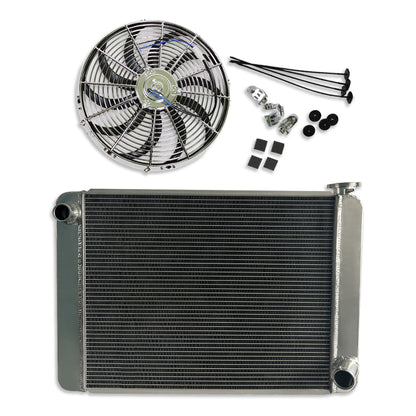 Fabricated Polished Aluminum Radiator 29" x 19" x 3" Overall For SBC BBC & 16" Electric Cooling Fan