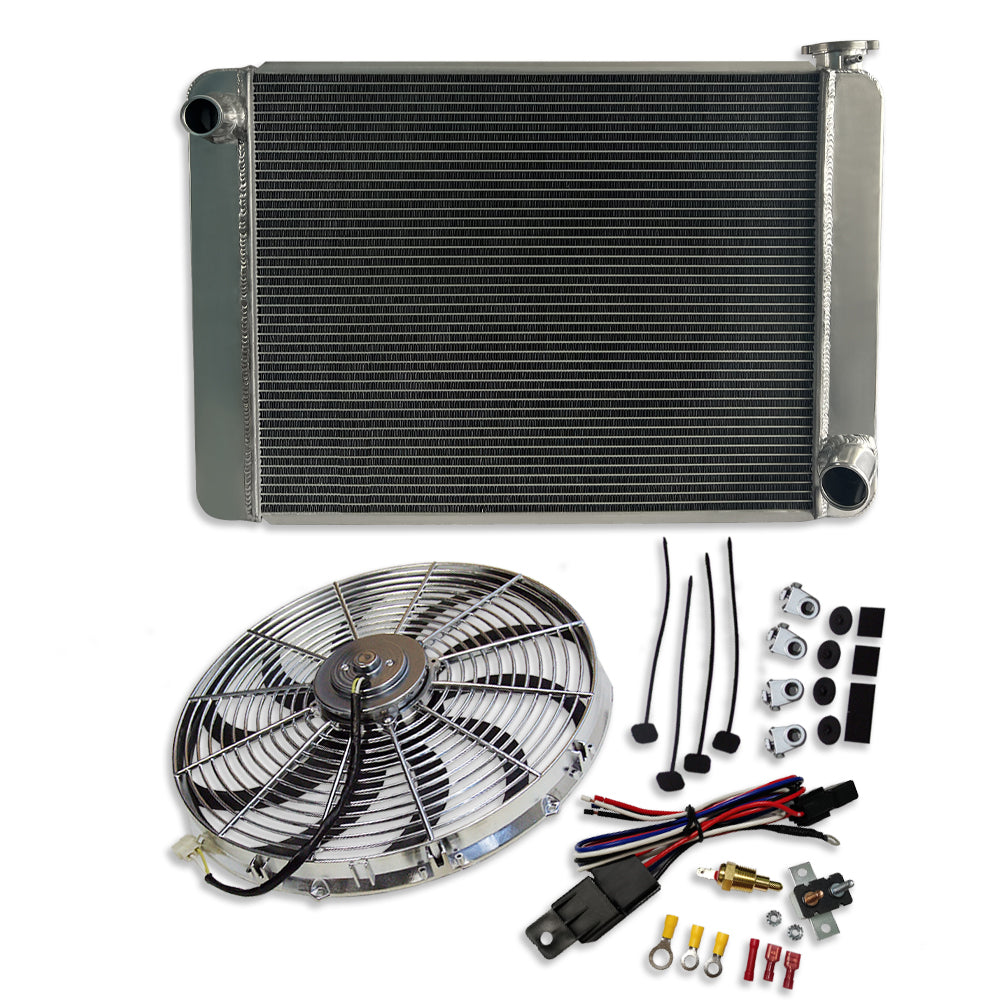 Fabricated Polished Aluminum Radiator 29" x 19" x 3" Overall For SBC BBC & 16" Electric Cooling Fan & Thermostat Switch Relay Kit