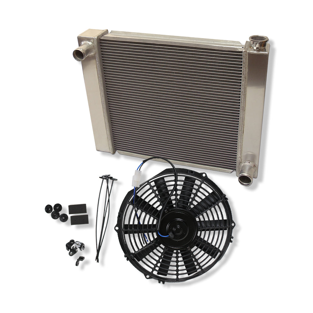 Fabricated Polished Aluminum Radiator 24" x 19" x 3" Overall For SBC BBC Chevy GM&Electric 10" Straight Blade Cooling Radiator Fan