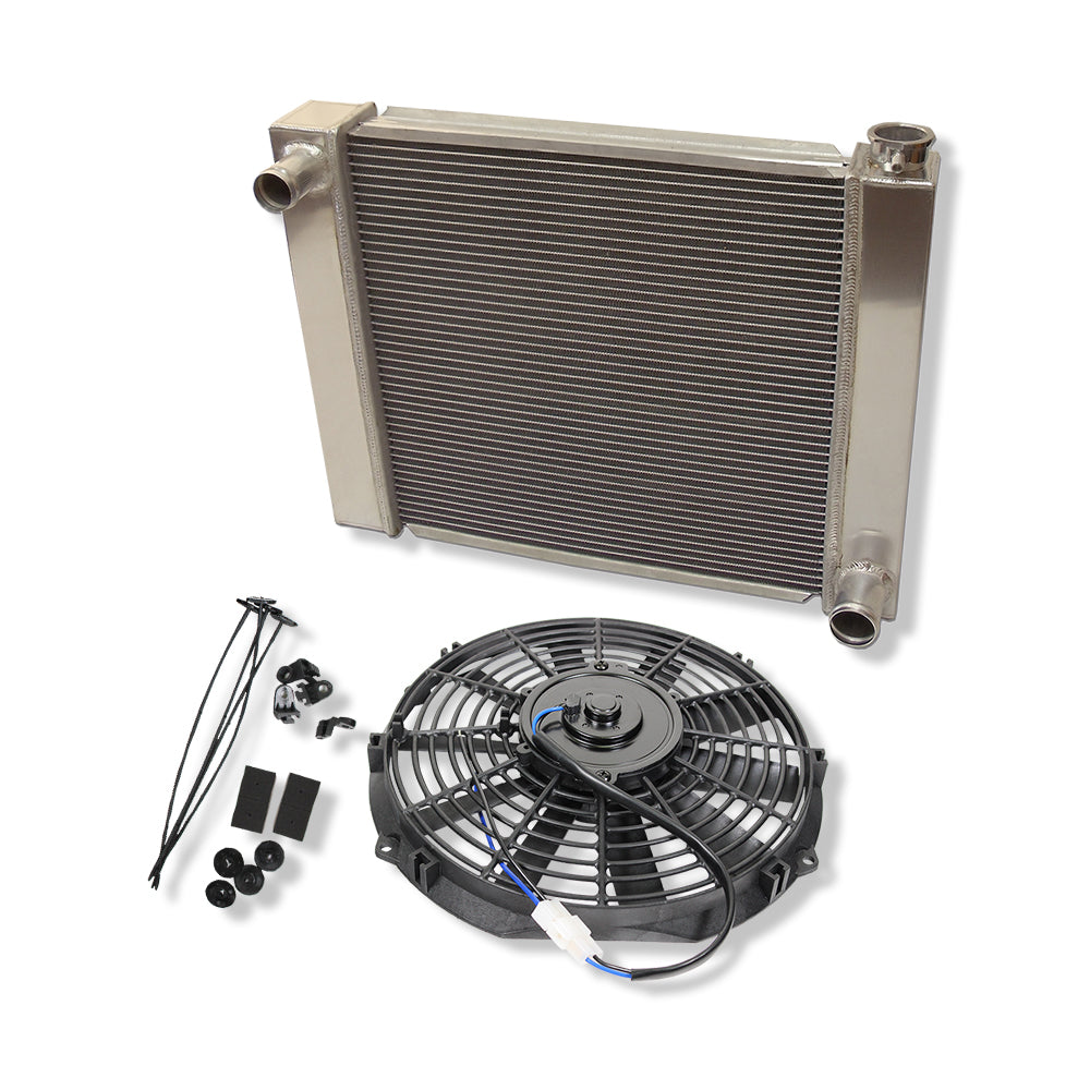 Fabricated Polished Aluminum Radiator 24" x 19" x 3" Overall For SBC BBC Chevy GM&Electric 10" Straight Blade Cooling Radiator Fan