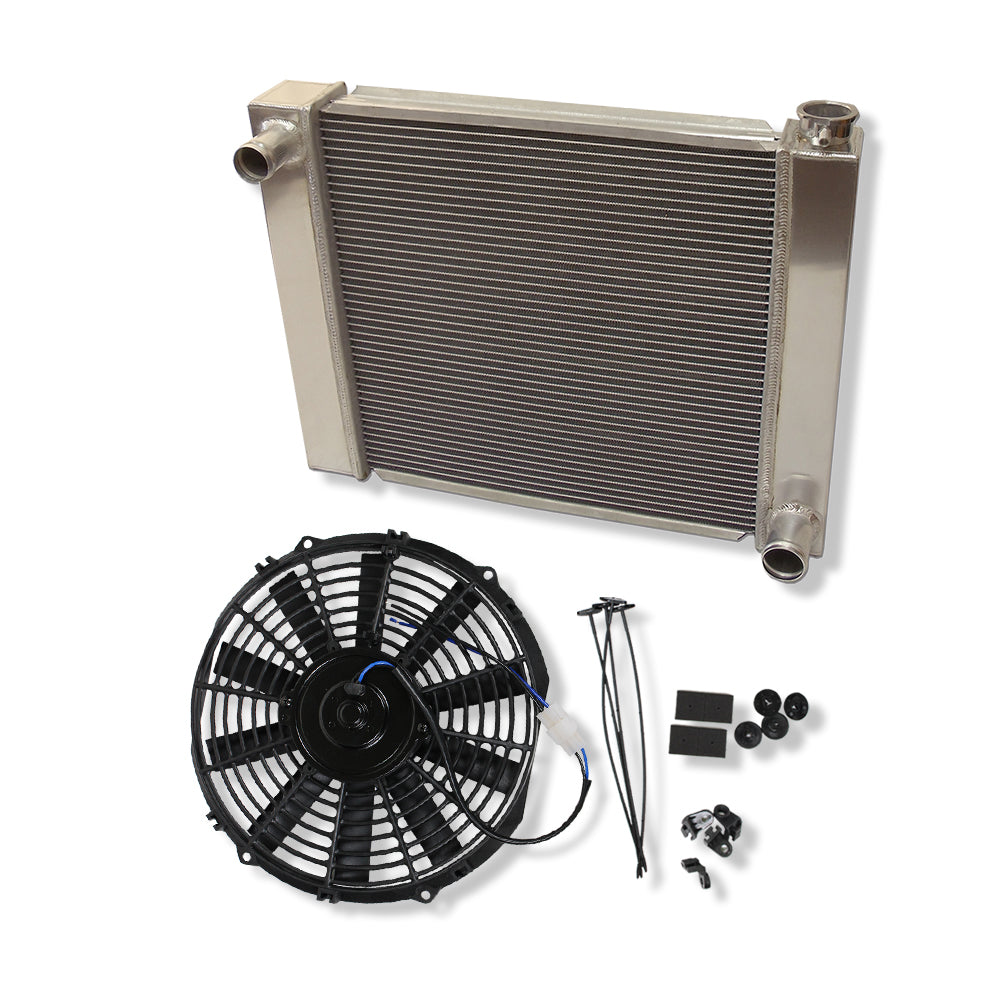 Fabricated Polished Aluminum Radiator 24" x 19" x 3" Overall For SBC BBC Chevy GM& 12" Straight Blade Cooling Fan