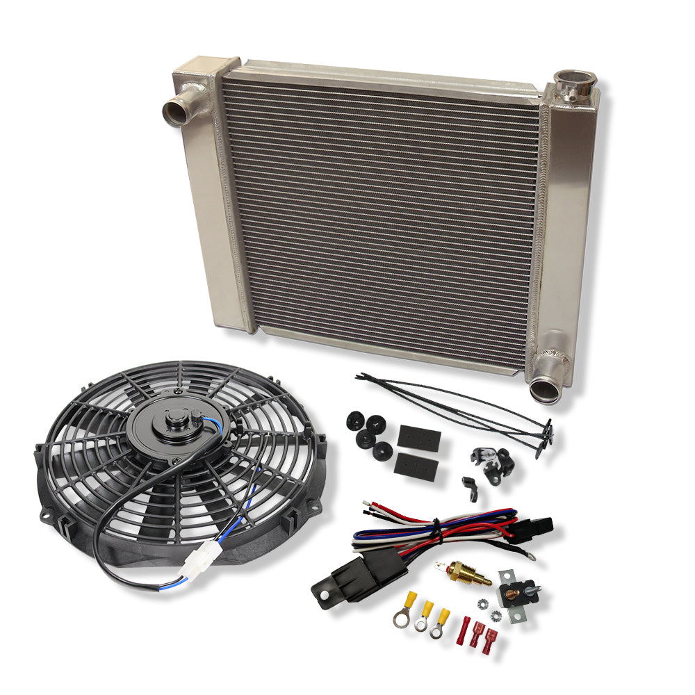 Fabricated Polished Aluminum Radiator 24" x 19" x 3" Overall For SBC BBC & 12" Straight Blade Cooling Fan & Thermostat Switch Relay Kit