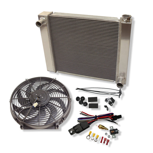 Fabricated Polished Aluminum Radiator 24" x 19" x 3" Overall For SBC BBC & 14" Heavy Duty Electric Fan & Thermostat Switch Relay Kit
