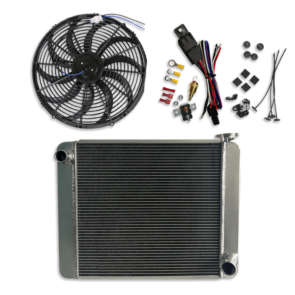 Fabricated Polished Aluminum Radiator 24" x 19" x 3" Overall For SBC BBC & Heavy Duty 16" Cooling Fan & Thermostat Switch Relay Kit