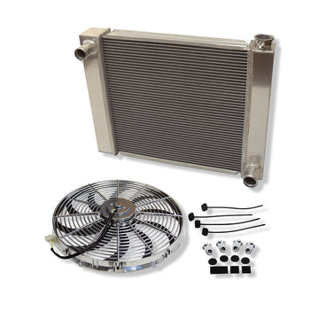 Fabricated Aluminum Radiator 24" x 19" x 3" Overall For SBC BBC Chevy GM & Chrome 16" Heavy Duty Electric Cooling Fan