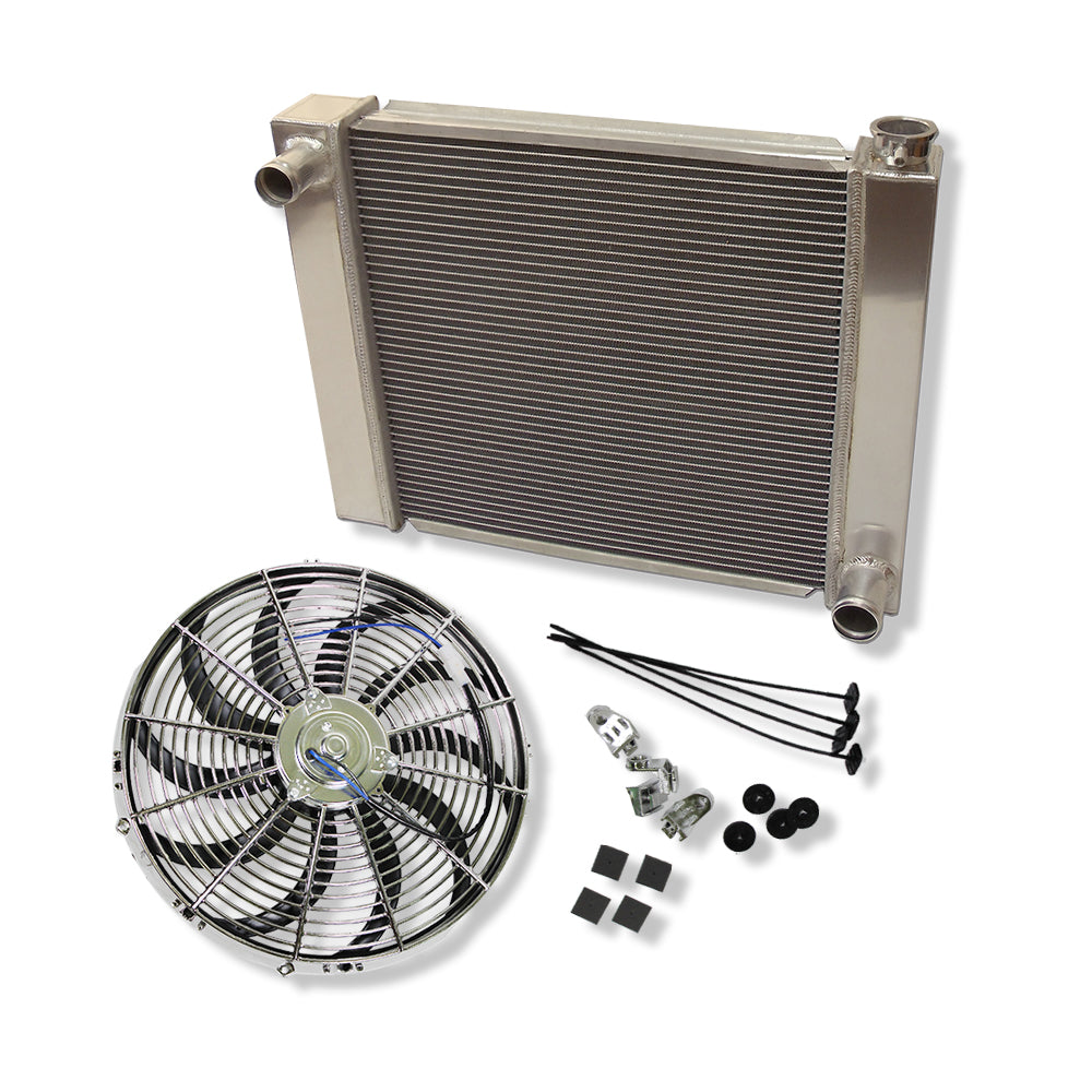 Fabricated Aluminum Radiator 24" x 19" x 3" Overall For SBC BBC Chevy GM & Chrome 16" Heavy Duty Electric Cooling Fan