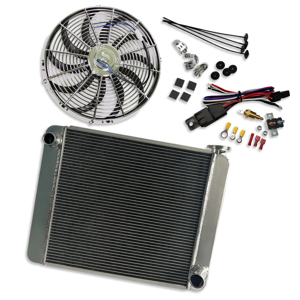 Fabricated Aluminum Radiator 24" x 19" x 3" Overall For SBC BBC & Chrome 16" Electric Cooling Fan & Thermostat Switch Relay Kit