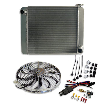 Fabricated Aluminum Radiator 24" x 19" x 3" Overall For SBC BBC & Chrome 16" Electric Cooling Fan & Thermostat Switch Relay Kit