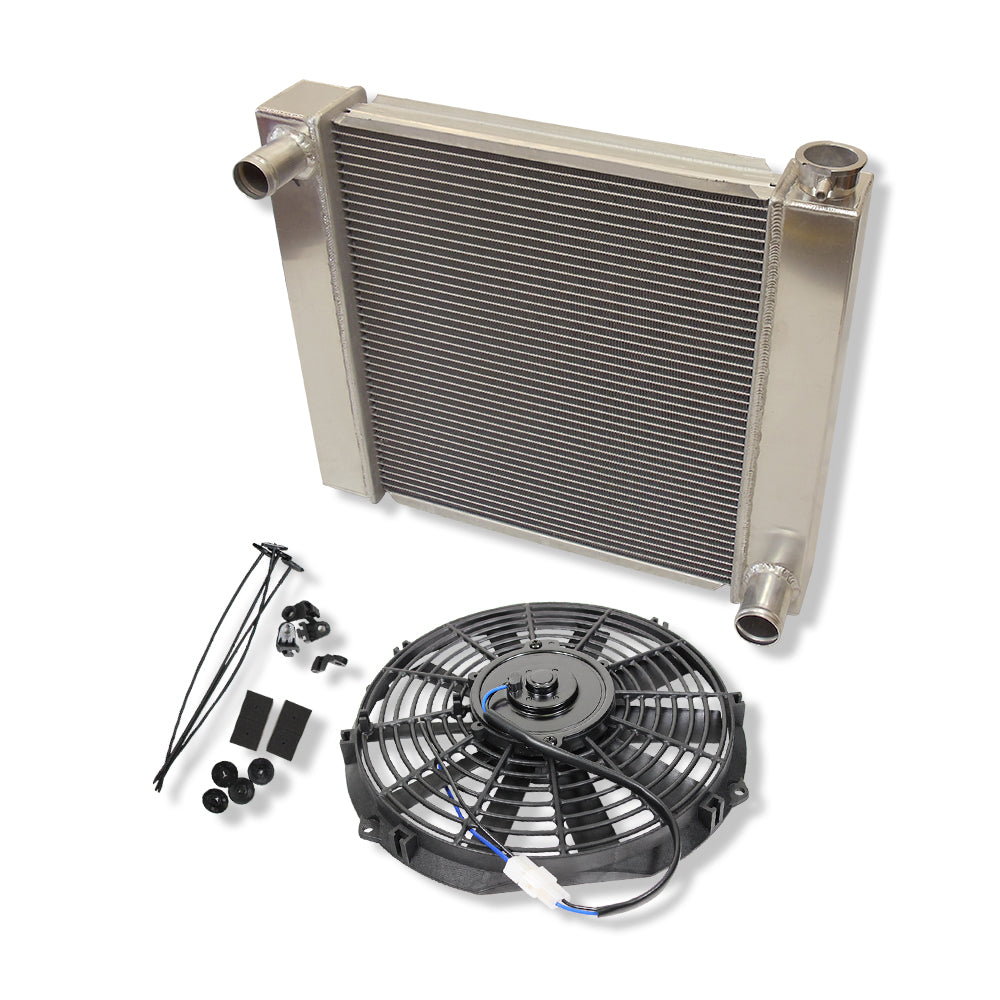 For SBC BBC Chevy GM Fabricated Polished Aluminum Radiator 22" x 19" x3" & 10" Straight Blade Cooling Fan