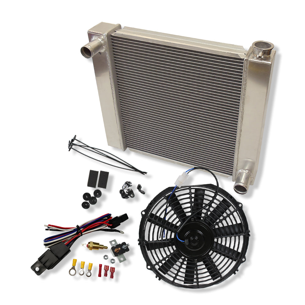 Fabricated Polished Aluminum Radiator 22" x 19" x 3" & GM 10" Straight Blade Cooling Radiator Fan For SBC BBC Chevy & Thermostat Switch Relay Kit