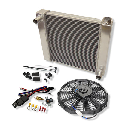 Fabricated Polished Aluminum Radiator 22" x 19" x 3" & GM 10" Straight Blade Cooling Radiator Fan For SBC BBC Chevy & Thermostat Switch Relay Kit