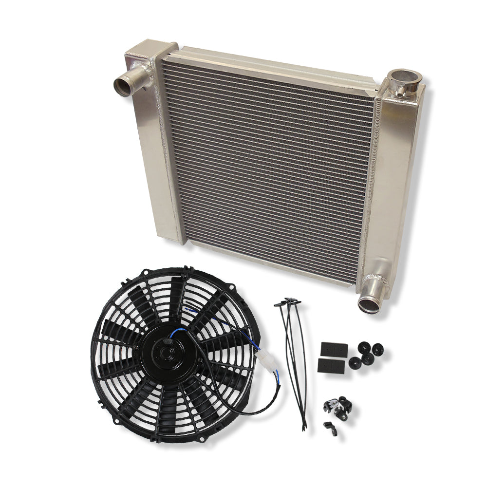 For SBC BBC Chevy GM Fabricated Polished Aluminum Radiator 22" x 19" x 3" & 12" Straight Blade Reversible Cooling Fan