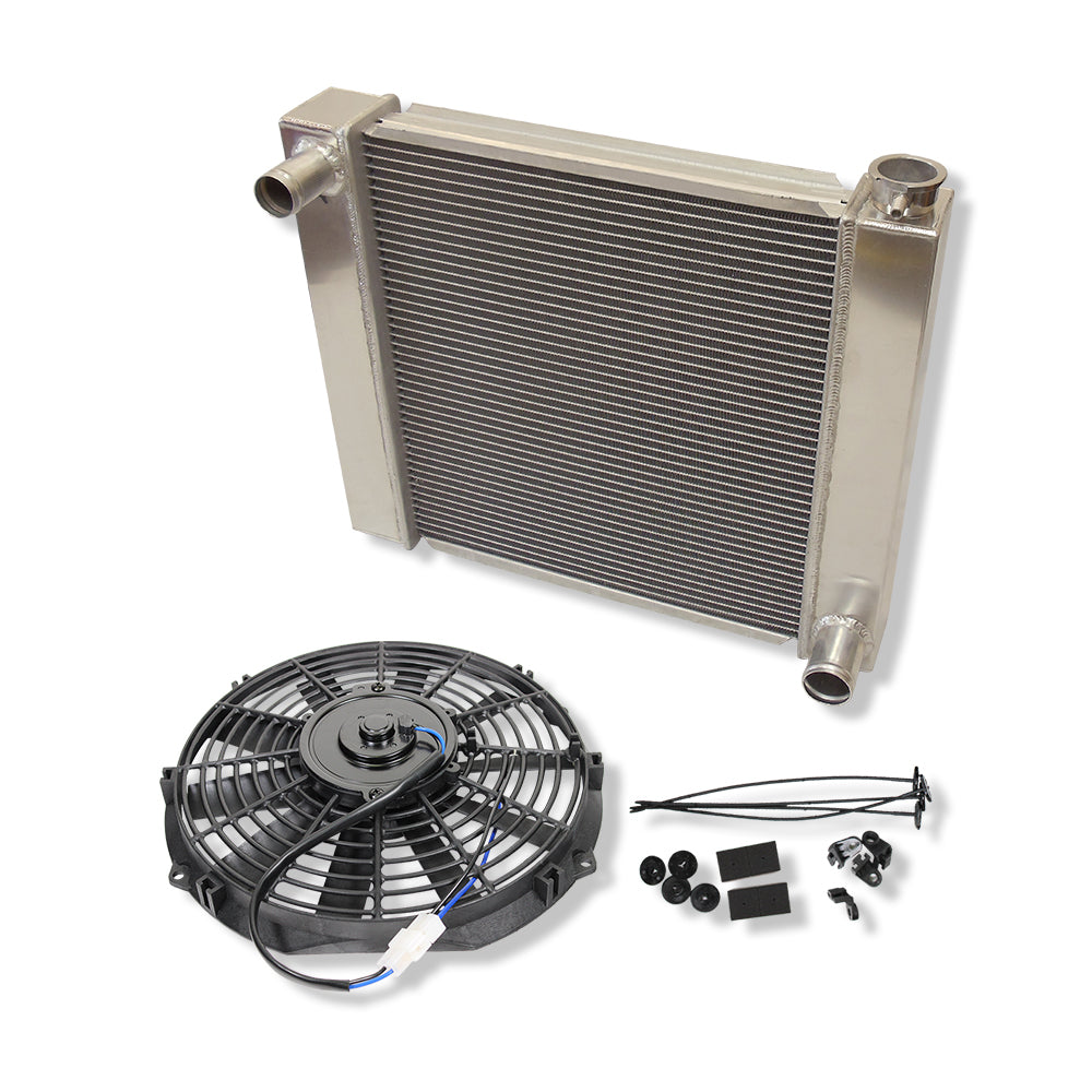For SBC BBC Chevy GM Fabricated Polished Aluminum Radiator 22" x 19" x 3" & 12" Straight Blade Reversible Cooling Fan
