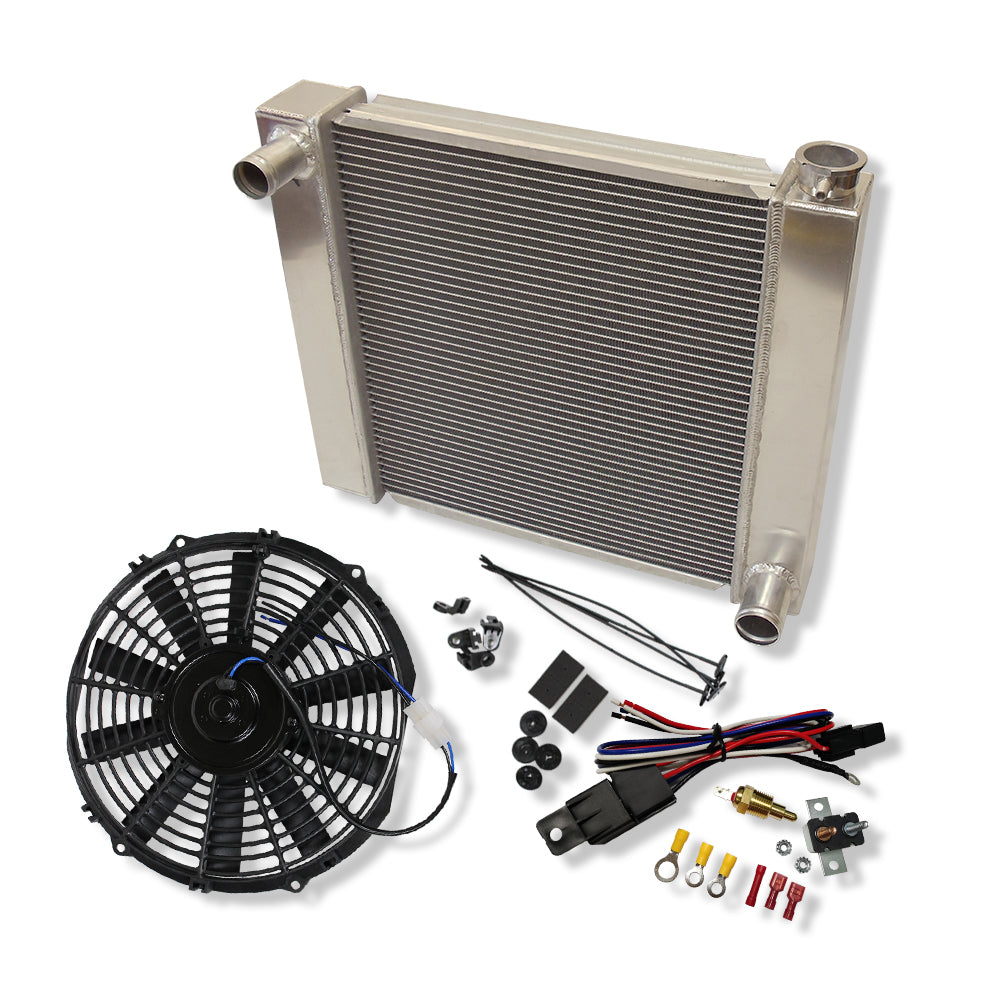 Fabricated Polished Aluminum Radiator 22" x 19" x 3" For SBC BBC & 12" Straight Blade Reversible Cooling Fan & Thermostat Relay Kit