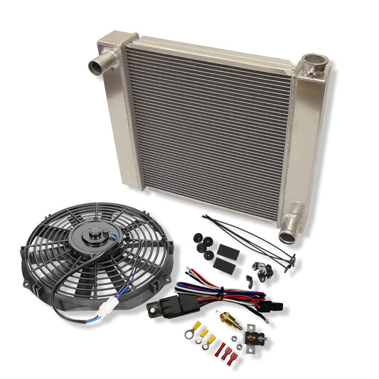 Fabricated Polished Aluminum Radiator 22" x 19" x 3" For SBC BBC & 12" Straight Blade Reversible Cooling Fan & Thermostat Relay Kit
