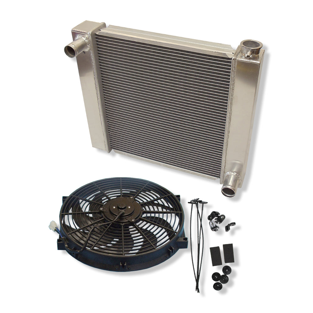 For SBC BBC Chevy GM Fabricated Polished Aluminum Radiator 22" x 19" x3" Overall & 14" Heavy Duty Radiator Electric Fan