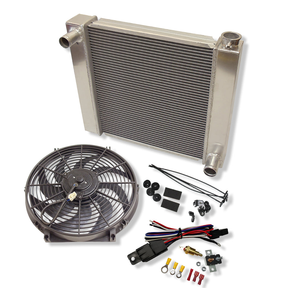 Fabricated Polished Aluminum Radiator 22" x 19" x3" Overall For SBC BBC & 14" Heavy Duty Electric Fan & Thermostat Switch Relay Kit