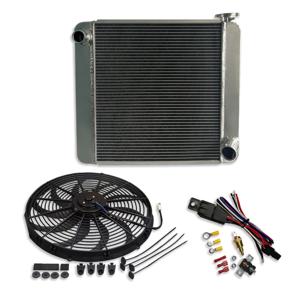 Fabricated Aluminum Radiator 22" x 19" x 3" For SBC BBC & 16" Radiator Cooling Fan & Thermostat Switch Relay Kit