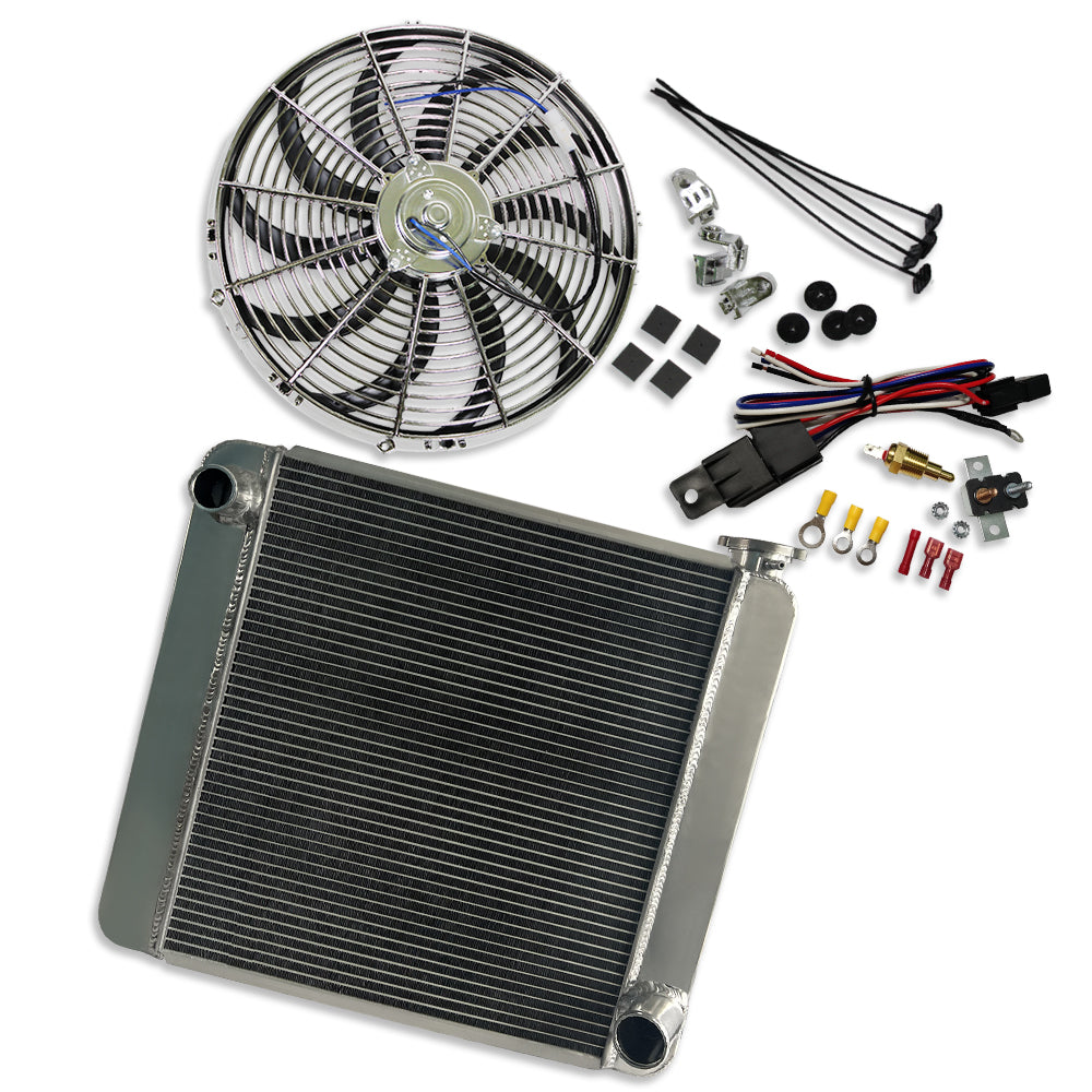 Fabricated  Aluminum Radiator 22" x 19" x3" For SBC BBC & Chrome 16" Radiator Cooling Fan & Thermostat Switch Relay Kit